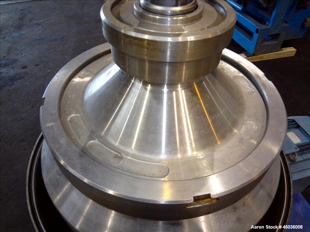 Used Alfa Laval FEUX-412U-35-60 Nozzle Disc Centrifuge 316 Stainless Steel Construction, (3) Clarifier Design (liquids/solids separation). Centripetal pump liquid discharge. Flange mount 50 hp, 575/3...