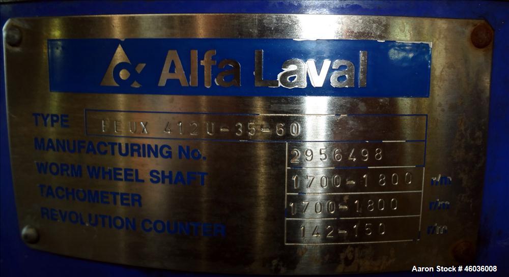 Used Alfa Laval FEUX-412U-35-60 Nozzle Disc Centrifuge 316 Stainless Steel Construction, (3) Clarifier Design (liquids/solids separation). Centripetal pump liquid discharge. Flange mount 50 hp, 575/3...