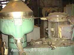 Used Alfa Laval SPQX-512S-31CG-60 Nozzle Centrifuge. 60 HP motor 3/60/460, belt driven, upper piping, base and sub-base. Maximum speed is 4630 rpm, recycle feature, suitable for up to 25,000 lb/hour ...
