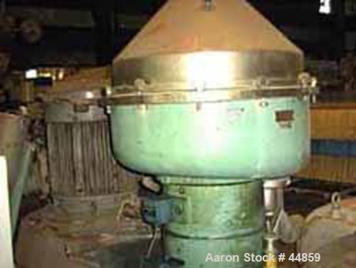 Used Alfa Laval SPQX-512S-31CG-60 Nozzle Centrifuge. 60 HP motor 3/60/460, belt driven, upper piping, base and sub-base. Maximum speed is 4630 rpm, recycle feature, suitable for up to 25,000 lb/hour ...