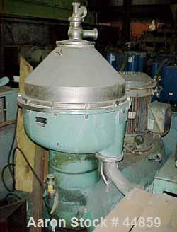 Used Alfa Laval SPQX-512S-31CG-60 Nozzle Centrifuge. 60 HP motor 3/60/460, belt driven, upper piping, base and sub-base. Maximum speed is 4630 rpm, recycle feature, suitable for up to 25,000 lb/hour ...