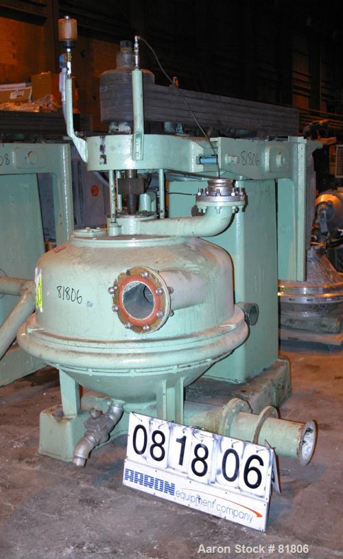 USED: Dorr Oliver Merco Nozzle Disc Centrifuge, Model B-30, 317 stainless steel rotor assembly.Max bowl speed 2550 rpm, bronze housing, base with hoist, 125 hp, 3/60/460 volt, drive motor, electric s...