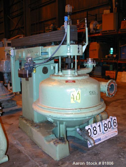 USED: Dorr Oliver Merco Nozzle Disc Centrifuge, Model B-30, 317 stainless steel rotor assembly.Max bowl speed 2550 rpm, bronze housing, base with hoist, 125 hp, 3/60/460 volt, drive motor, electric s...
