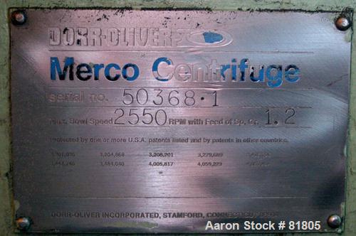 USED: Dorr Oliver Merco B-30 Nozzle Disc Centrifuge. 317 stainless steel rotor assembly, max bowl speed 2550 rpm, bronze housing, base with hoist, 125 hp, 460/3/60 drive motor, electric spindle oiler...