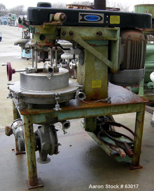 Used Dorr Oliver CSU-14 Nozzle Disc Centrifuge. 316 Stainless steel construction, maximum bowl speed 6100 rpm, skimmer assembly. Driven by a 25 hp, 3/50/400 volt, 2955 rpm motor. Unitized on a carbon...