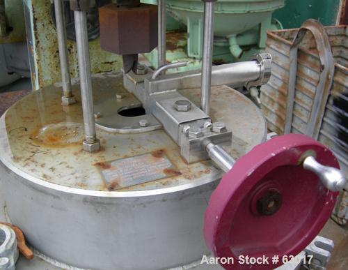 Used Dorr Oliver CSU-14 Nozzle Disc Centrifuge. 316 Stainless steel construction, maximum bowl speed 6100 rpm, skimmer assembly. Driven by a 25 hp, 3/50/400 volt, 2955 rpm motor. Unitized on a carbon...