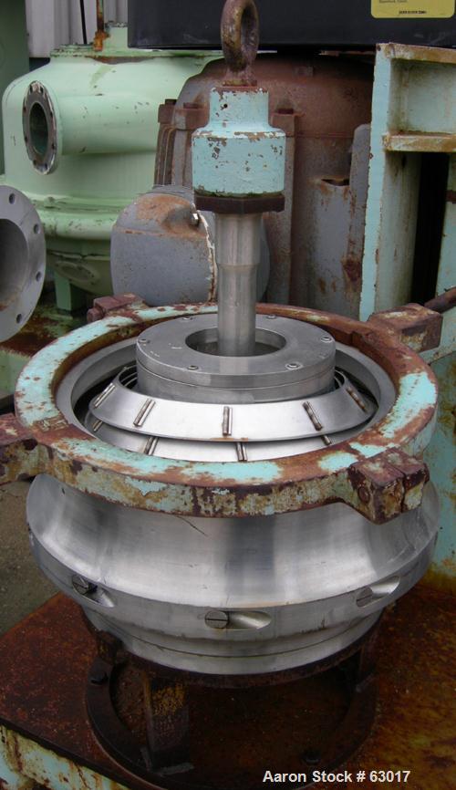 Used Dorr Oliver CSU-14 Nozzle Disc Centrifuge. 316 Stainless steel construction, maximum bowl speed 6100 rpm, skimmer assembly. Driven by a 25 hp, 3/50/400 volt, 2955 rpm motor. Unitized on a carbon...