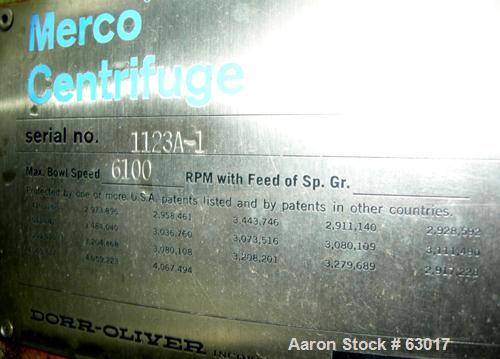 Used Dorr Oliver CSU-14 Nozzle Disc Centrifuge. 316 Stainless steel construction, maximum bowl speed 6100 rpm, skimmer assembly. Driven by a 25 hp, 3/50/400 volt, 2955 rpm motor. Unitized on a carbon...