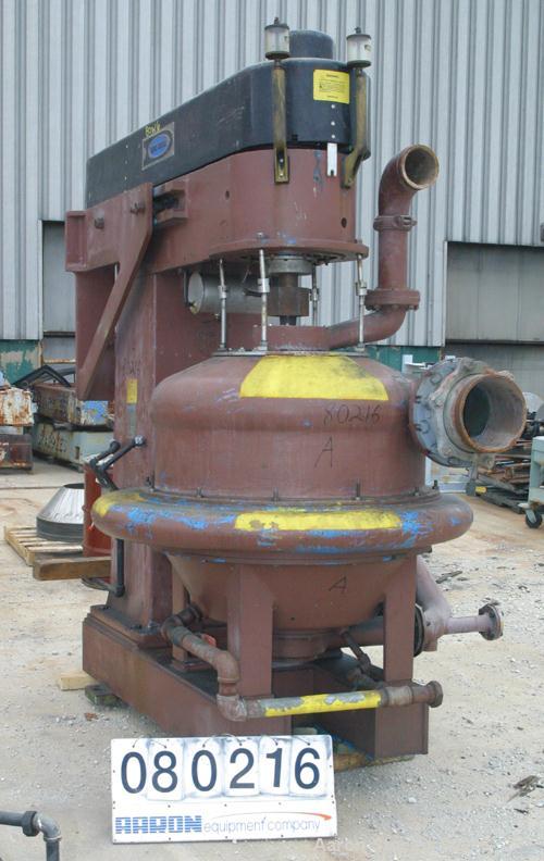 USED: Dorr Oliver Merco BH-36 nozzle disc centrifuge. Ferralium 225 rotor assembly, bronze housing. Driven by a 150 hp, 3/60/460 volt, 1760 rpm motor, 2600 rpm bowl speed. Includes control panel, bas...
