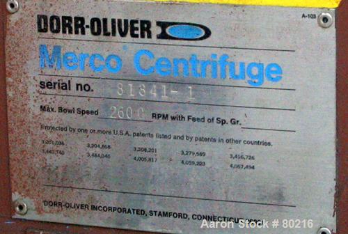 USED: Dorr Oliver Merco BH-36 nozzle disc centrifuge. Ferralium 225 rotor assembly, bronze housing. Driven by a 150 hp, 3/60/460 volt, 1760 rpm motor, 2600 rpm bowl speed. Includes control panel, bas...
