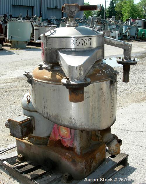 USED: Sharples DH-3 Nozljector centrifuge, 316/317 stainless steel. Max bowl speed 6250 rpm, separator design. Driven by a 4...