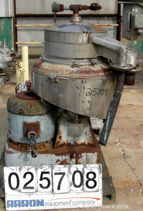USED: Sharples DH-3 Nozzljector disc centrifuge, 304 stainless steel, separator design. Max bowl speed 6350 rpm. Max operating temperature 212 deg, belt drive configuration. Driven by an approximate ...