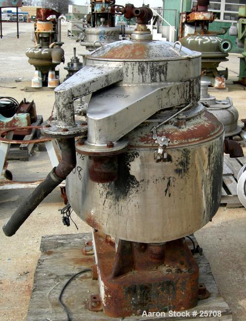 USED: Sharples DH-3 Nozzljector disc centrifuge, 304 stainless steel, separator design. Max bowl speed 6350 rpm. Max operating temperature 212 deg, belt drive configuration. Driven by an approximate ...