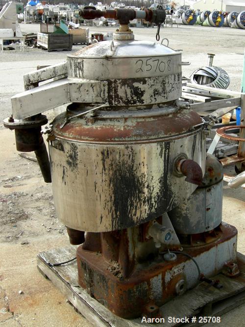 USED: Sharples DH-3 Nozzljector disc centrifuge, 304 stainless steel, separator design. Max bowl speed 6350 rpm. Max operating temperature 212 deg, belt drive configuration. Driven by an approximate ...