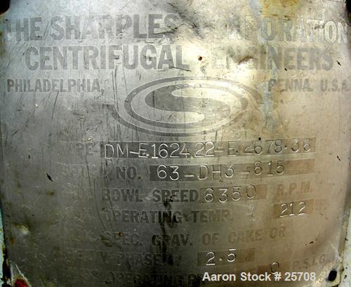USED: Sharples DH-3 Nozzljector disc centrifuge, 304 stainless steel, separator design. Max bowl speed 6350 rpm. Max operating temperature 212 deg, belt drive configuration. Driven by an approximate ...