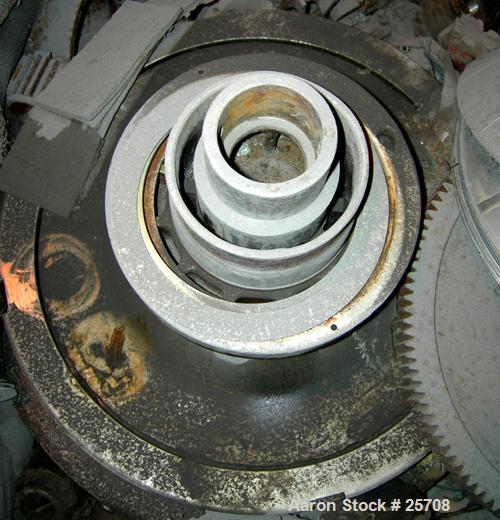 USED: Sharples DH-3 Nozzljector disc centrifuge, 304 stainless steel, separator design. Max bowl speed 6350 rpm. Max operating temperature 212 deg, belt drive configuration. Driven by an approximate ...