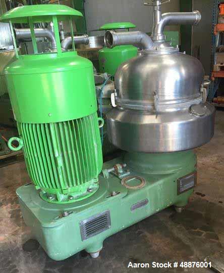 Used Westfalia DA-100-76-117 Nozzle Disc Centrifuge. Stainless steel construction (product contact areas), max bowl speed 3340 rpm, clarifier design, 105 HP/70 Kw direct drive motor. Mfg. 1991. Last ...