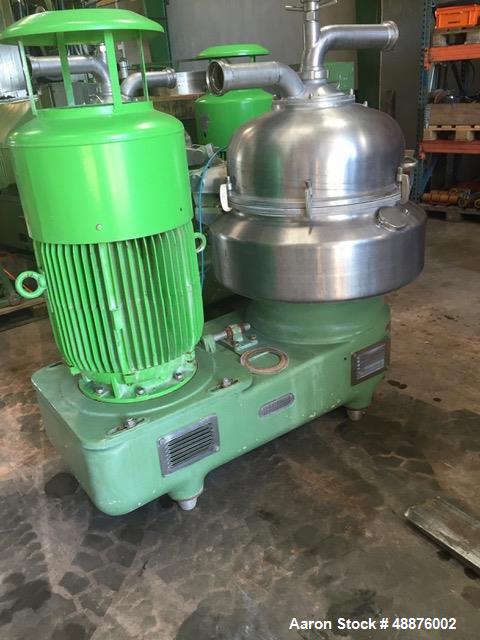 Used Westfalia DA-100-76-117 Nozzle Disc Centrifuge. Stainless steel construction (product contact areas), max bowl speed 3340 rpm, clarifier design, 105 HP/70 Kw direct drive motor. Mfg. 1991. Last ...