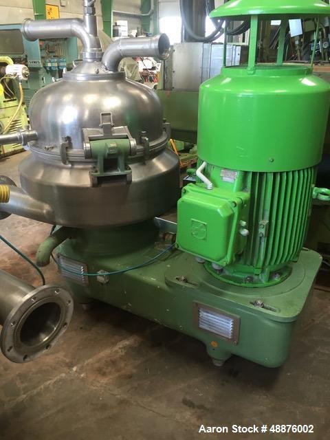 Used Westfalia DA-100-76-117 Nozzle Disc Centrifuge. Stainless steel construction (product contact areas), max bowl speed 3340 rpm, clarifier design, 105 HP/70 Kw direct drive motor. Mfg. 1991. Last ...