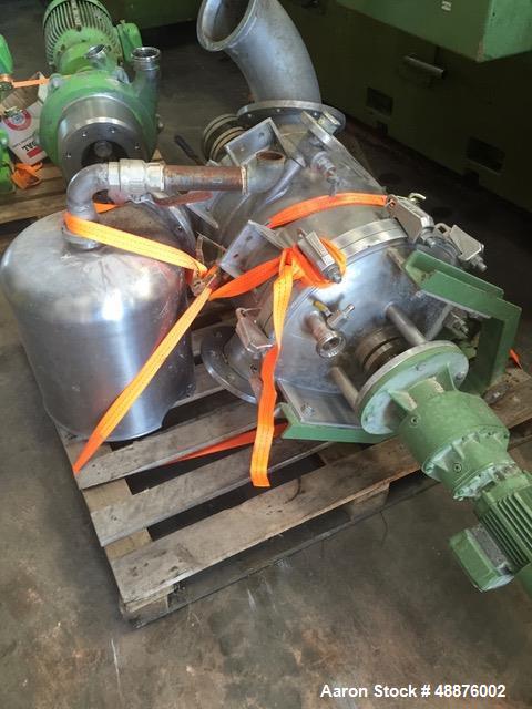 Used Westfalia DA-100-76-117 Nozzle Disc Centrifuge. Stainless steel construction (product contact areas), max bowl speed 3340 rpm, clarifier design, 105 HP/70 Kw direct drive motor. Mfg. 1991. Last ...