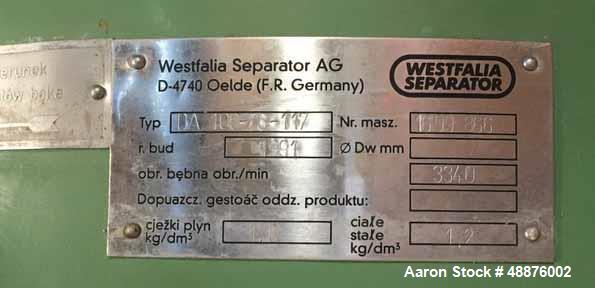 Used Westfalia DA-100-76-117 Nozzle Disc Centrifuge. Stainless steel construction (product contact areas), max bowl speed 3340 rpm, clarifier design, 105 HP/70 Kw direct drive motor. Mfg. 1991. Last ...