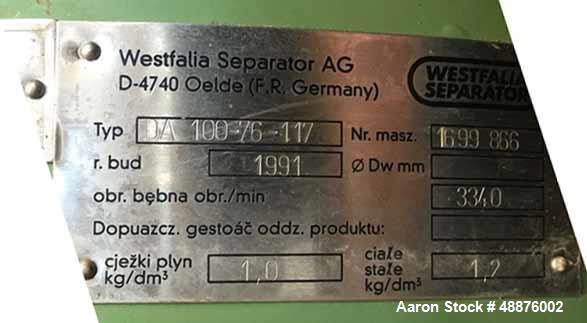 Used Westfalia DA-100-76-117 Nozzle Disc Centrifuge. Stainless steel construction (product contact areas), max bowl speed 3340 rpm, clarifier design, 105 HP/70 Kw direct drive motor. Mfg. 1991. Last ...