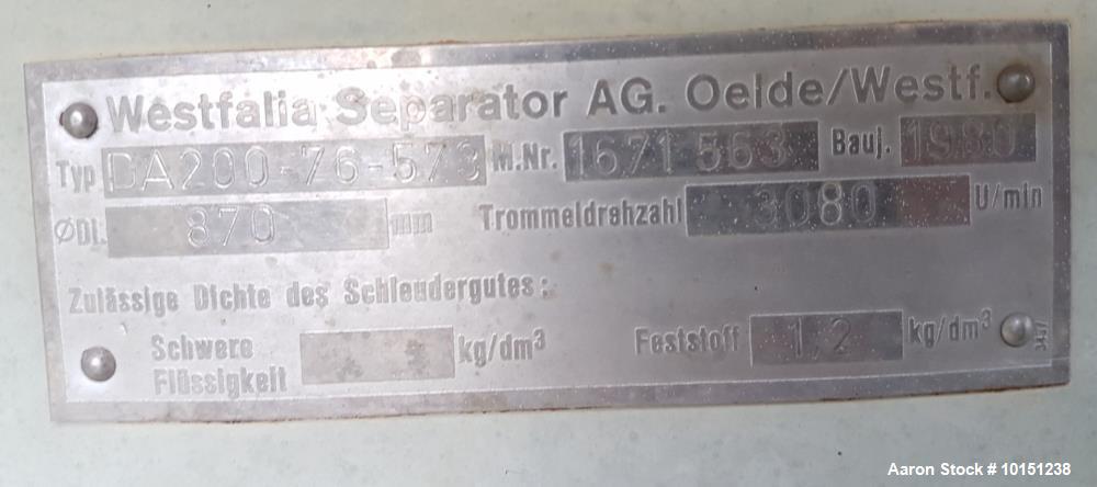 Used Westfalia DA-200-76-573 Nozzle Disc Centrifuge