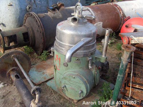Used Westfalia nozzle centrifuge, type RTA45-01-076. Material of construction is 316 stainless steel. Max bowl speed 7200 rpm by an approximate 22.5 h/15 kw-380 volt/50 cycle/3 ph XP flanged driven m...