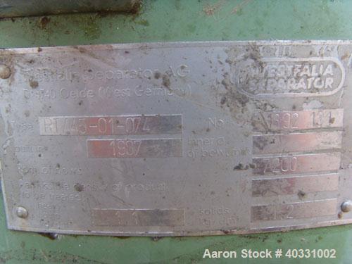 Used Westfalia nozzle centrifuge, type RTA45-01-076. Material of construction is 316 stainless steel. Max bowl speed 7200 rpm by an approximate 22.5 h/15 kw-380 volt/50 cycle/3 ph XP flanged driven m...
