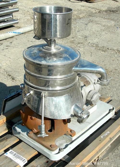 USED: Westfalia model SKOG-205 lab nozzle disc centrifuge, 316 stainless steel on product contact areas. Max bowl speed 7600 rpm, separator design. Driven by a 2 hp, 3/60/480 volt, 1750 rpm motor. Ba...