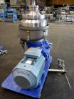 Used Alfa Laval FEUX-412U-35-60 Nozzle Disc Centrifuge 316 Stainless Steel Construction, (3) Clarifier Design (liquids/solids separation). Centripetal pump liquid discharge. Flange mount 50 hp, 575/3...