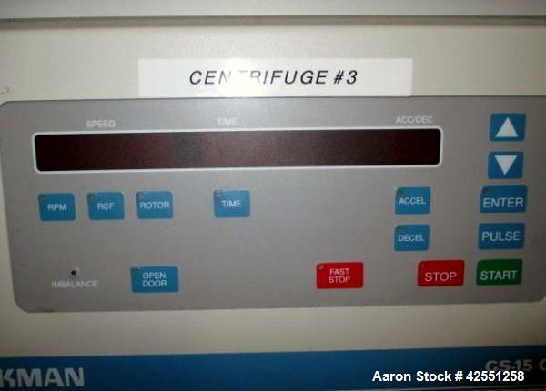 Used Beckman centrifuge, model GS-15, capable of zero to 14,500 RPM, 120 volt, serial# GFB96F02.