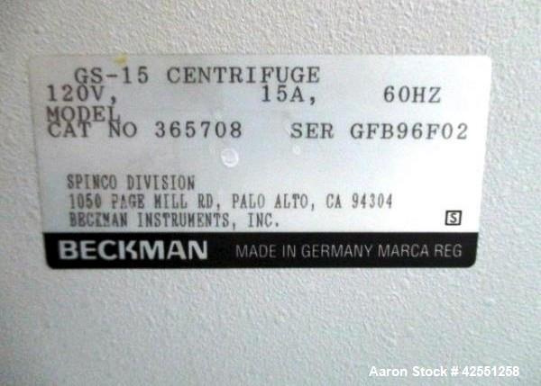Used Beckman centrifuge, model GS-15, capable of zero to 14,500 RPM, 120 volt, serial# GFB96F02.