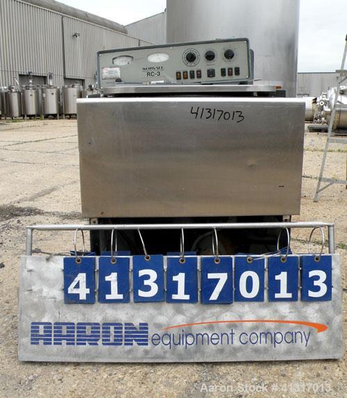 Used Sorvall RC-3 Refrigerated Floor Centrifuge. Approximate speeds to 5250 rpm, forces to 7,120 g. Model HG-4L swinging bucket rotor with (4) 4" diameter x 5 1/2" deep buckets. Top door.