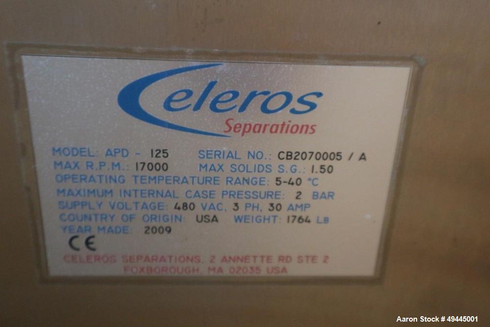 Used Celeros Separation Centrifuge, Model APD-125. 5Kg Capacity. 17,000 rpm. Max solids S.G. 1.50. Operating temperature range 5-40 degrees C. Max internal case pressure 2 bar. 480 VAC. 3 phase. 30 A...