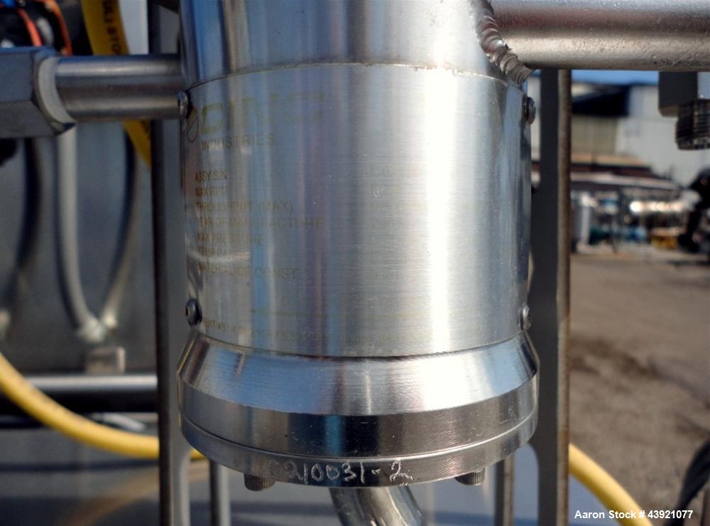 Used CINC Industries V0-2 Centrifuge, 316L Stainless Steel Construction. Rated 0.5 gallons per minute at 30 psi at 220 degrees F., 6000 rpm maximum bowl speed, 0.125hp, 230/460 volt motor drive on st...