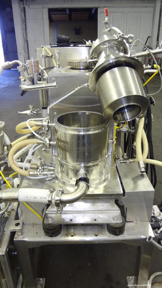 Used Carr Powerfuge P6 Pilot Separation System. 316L Stainless steel/Titanium Ti-6AL-4V construction (product contact areas). Rotating speed up to 15,325 rpm, G" force range 500 to 20,000. Nominal fl...