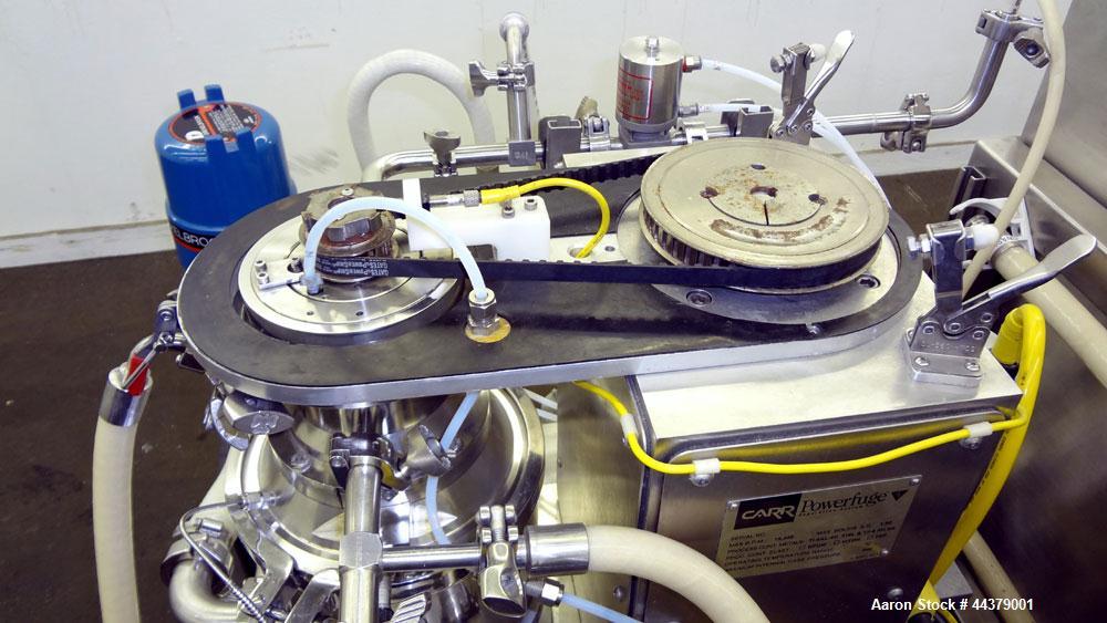 Used Carr Powerfuge P6 Pilot Separation System. 316L Stainless steel/Titanium Ti-6AL-4V construction (product contact areas). Rotating speed up to 15,325 rpm, G" force range 500 to 20,000. Nominal fl...