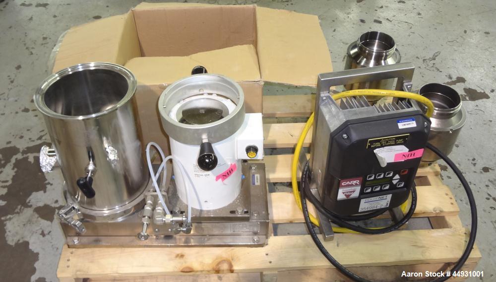 Used Carr Powerfuge Pilot Seperation System. 316L Stainless steel/Titanium Ti-6AL-4V construction (product contact areas). Rotating speed up to 15,325 rpm, “G” force range 500 to 20,000. Nominal flow...