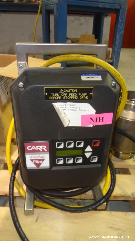 Used Carr Powerfuge Pilot Seperation System. 316L Stainless steel/Titanium Ti-6AL-4V construction (product contact areas). Rotating speed up to 15,325 rpm, “G” force range 500 to 20,000. Nominal flow...