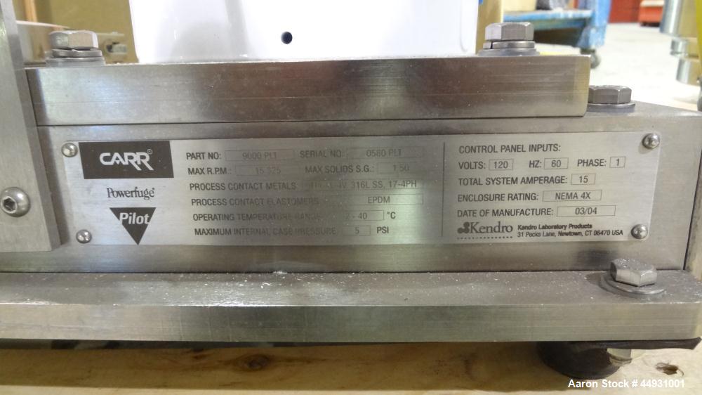 Used Carr Powerfuge Pilot Seperation System. 316L Stainless steel/Titanium Ti-6AL-4V construction (product contact areas). Rotating speed up to 15,325 rpm, “G” force range 500 to 20,000. Nominal flow...