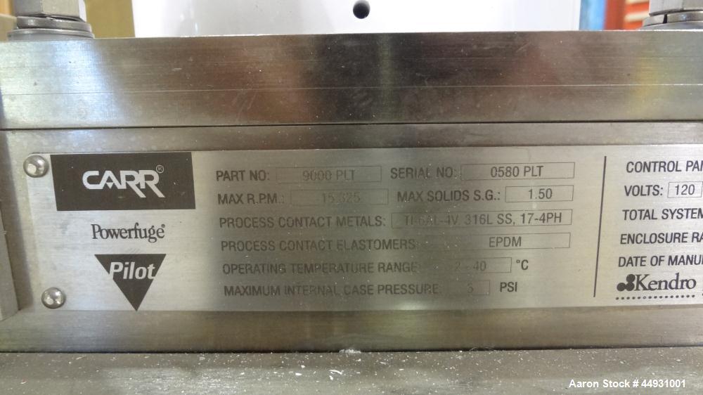Used Carr Powerfuge Pilot Seperation System. 316L Stainless steel/Titanium Ti-6AL-4V construction (product contact areas). Rotating speed up to 15,325 rpm, “G” force range 500 to 20,000. Nominal flow...