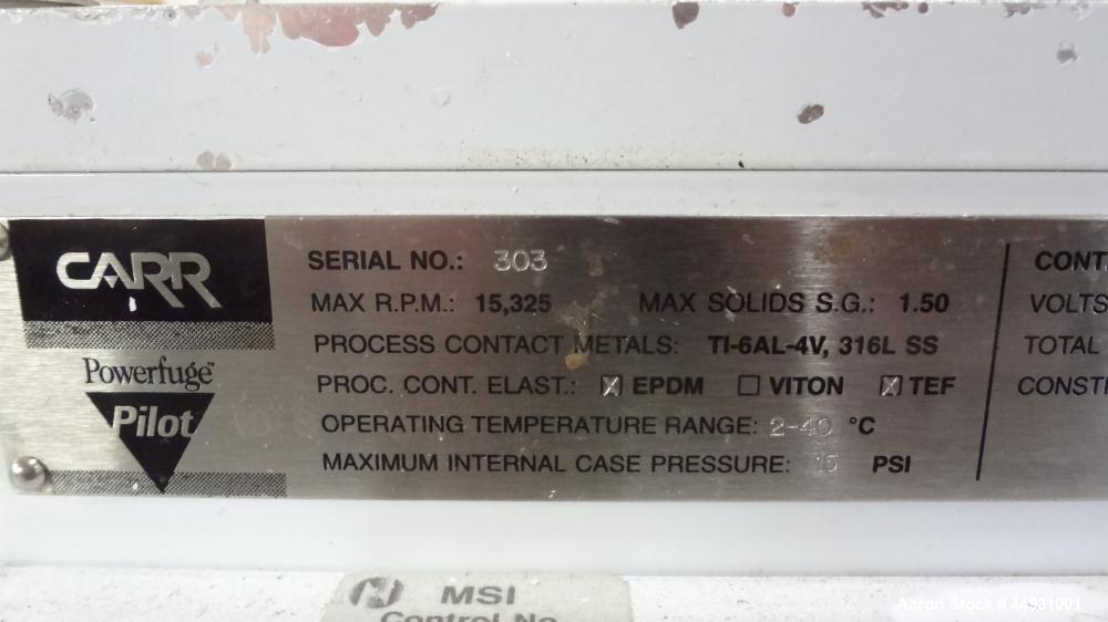 Used Carr Powerfuge Pilot Seperation System. 316L Stainless steel/Titanium Ti-6AL-4V construction (product contact areas). Rotating speed up to 15,325 rpm, “G” force range 500 to 20,000. Nominal flow...