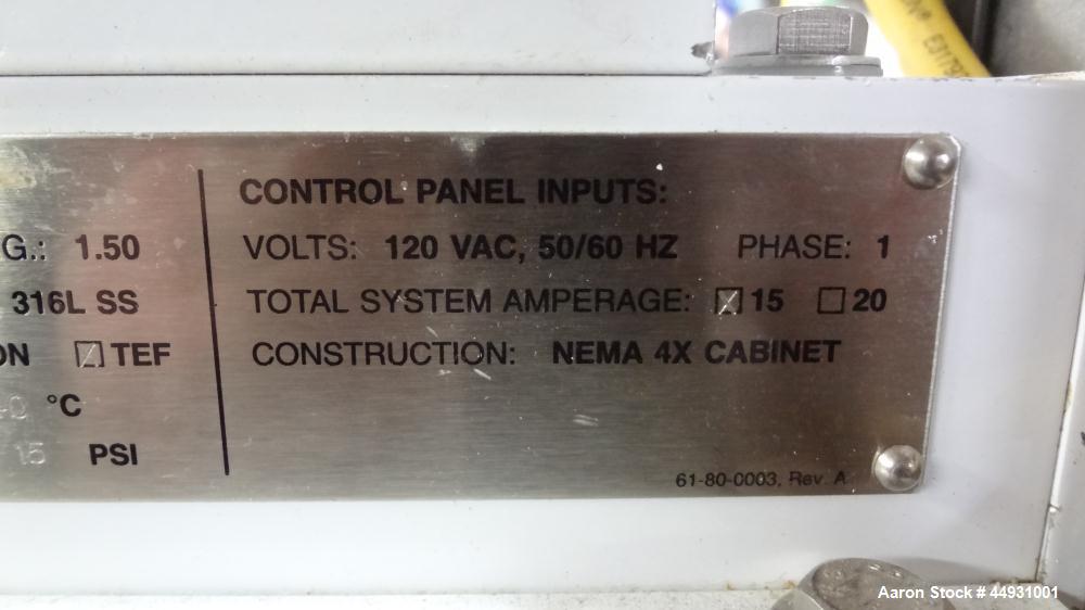 Used Carr Powerfuge Pilot Seperation System. 316L Stainless steel/Titanium Ti-6AL-4V construction (product contact areas). Rotating speed up to 15,325 rpm, “G” force range 500 to 20,000. Nominal flow...