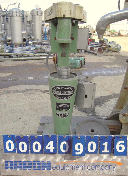 Used Schnell Zentifuge/Carl Padberg Super Centrifuge, Type 41, 316 Stainless Steel.  2 Liter, rated 20,000 rpm max.  Driven by a .9 kW, 3/60/230 volt, 3300 rpm motor.  Mounted on a carbon steel base....