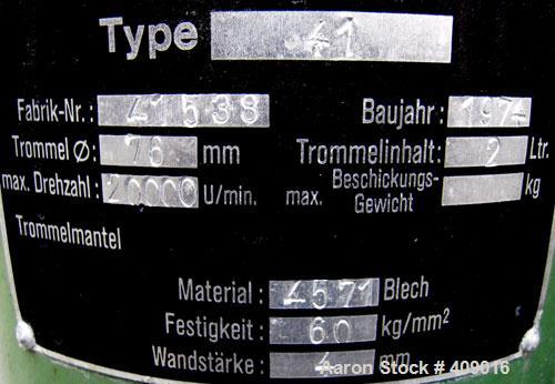 Used Schnell Zentifuge/Carl Padberg Super Centrifuge, Type 41, 316 Stainless Steel.  2 Liter, rated 20,000 rpm max.  Driven by a .9 kW, 3/60/230 volt, 3300 rpm motor.  Mounted on a carbon steel base....