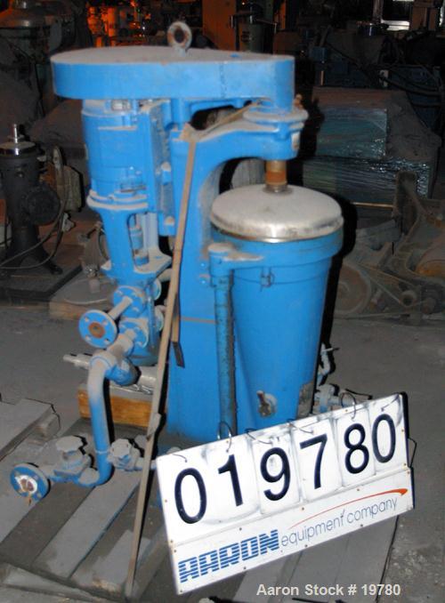 USED: Sharples AE-15MV Enbloc lube oil purifier. Max bowl speed 15,000 rpm. 3 hp Louis Allis motor 440/3/60/5600 rpm, duplex pump. OAD 40" x 40" x 74".