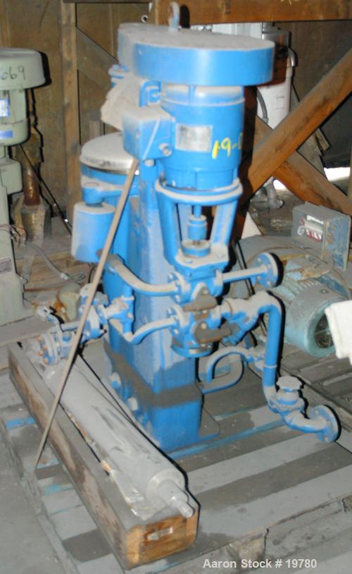 USED: Sharples AE-15MV Enbloc lube oil purifier. Max bowl speed 15,000 rpm. 3 hp Louis Allis motor 440/3/60/5600 rpm, duplex pump. OAD 40" x 40" x 74".