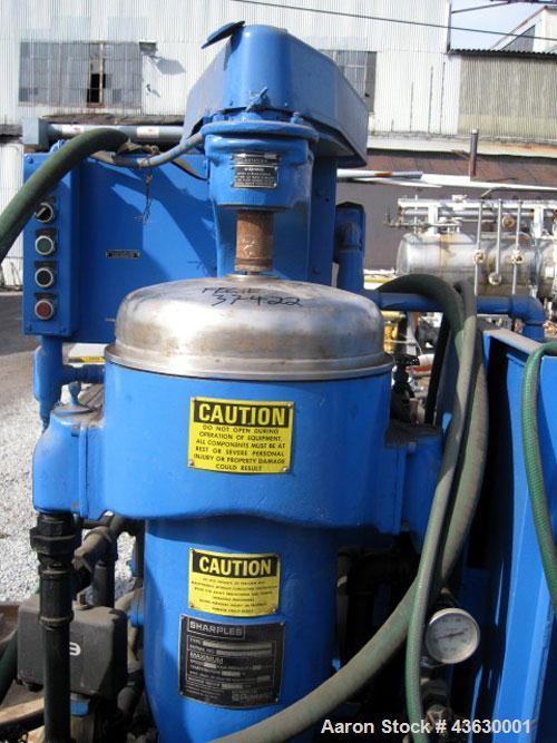 Used Sharples AP16VHHC Super Centrifuge. Stainless steel contact parts. Maximum bowl speed 15,000 rpm, rated up to 500 gallons an hour. Driven by a 3hp, 230/460 volt motor. Cart mounted.