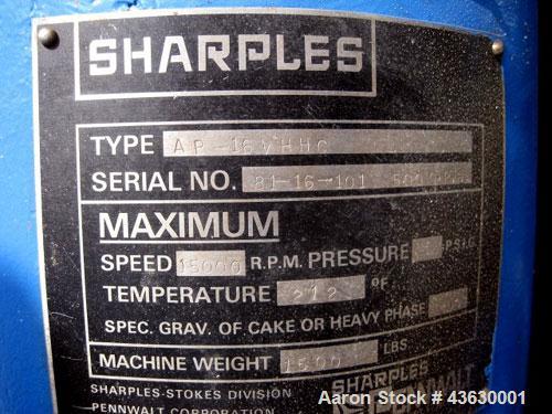 Used Sharples AP16VHHC Super Centrifuge. Stainless steel contact parts. Maximum bowl speed 15,000 rpm, rated up to 500 gallons an hour. Driven by a 3hp, 230/460 volt motor. Cart mounted.